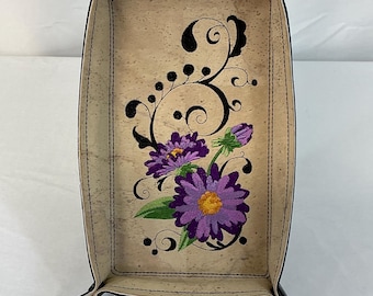 Embroidered Medium Aster Flower Design Cork Valet Tray, Travel Catchall, Boho Home Decor, Desk Organizer, Dice Tray