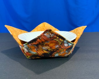 Fall Gnomes Microwave Bowl Cozy-Gnomes with Pumpkins & Leaves, Medium Gnome Bowl Holder; Leftover Bowl Hot Pad, College Dorm Hot Pad-Gnome