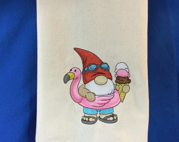 Kitchen Towel - Gnome with Fun Flamingo Floaty & Ice Cream Embroidered Towel-Funny Image Towel-Gnome Gift-18" x 28"-Free Shipping