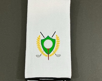 Embroidered Golf Crest Towel: White Microfiber Golf Accessory, Gag Gift