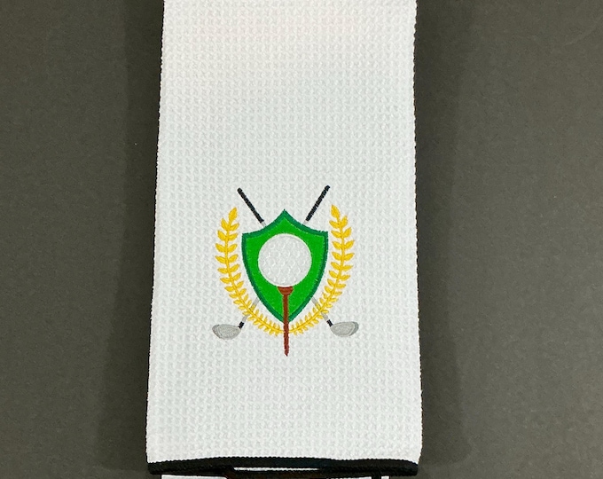 Golf Crest Embroidered Golf Bag Towel: White Microfiber-Tri-fold-Gag Gift-Sports Towel