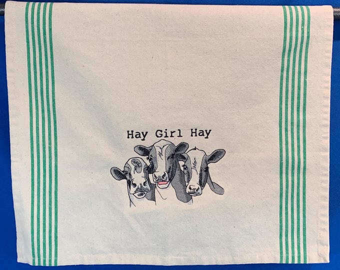 Embroidered Funny Cow Kitchen Towel - Hay Girl Hay | Farmhouse Decor & Gag Gift for Mom, Friend, or Housewarming