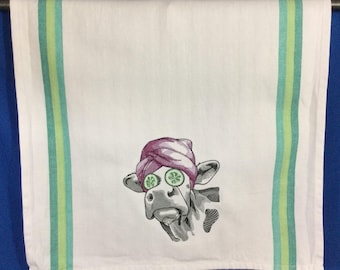 Kitchen Towel - Cow - Cucumbers & Spa Day Cow Embroidered Towel -28” x 20”- Cow Towel, Funny Design, Cotton Towel, Back Hanging Tab