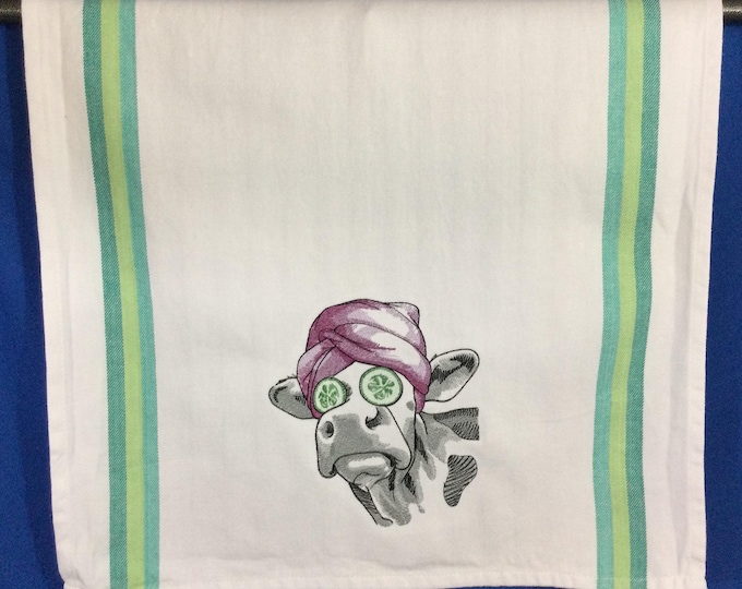Kitchen Towel - Cow - Cucumbers & Spa Day Cow Embroidered Towel -28” x 20”- Cow Funny Saying Towel, 100% Cotton Towel, Back Hanging Tab