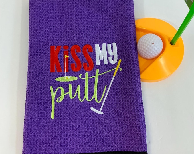 Purple Golf Bag Towel - Kiss My Putt Embroidered, Absorbent Sports Towel, Funny Gag Gift for Women