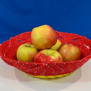 Rope Bowl-Round Multi-Colored Rope Bowl-Decorative Inside Rope Coil-Diamond Braided Poly Rope-10.5&quot; W-10.25&quot; L-3&quot; D, Partial Fabric Wrap
