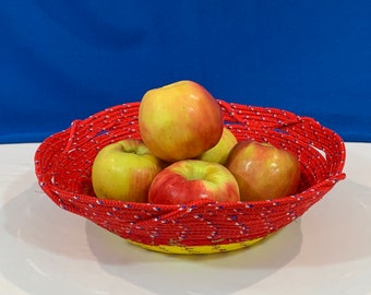 Rope Bowl-Round Multi-Colored Rope Bowl-Decorative Inside Rope Coil-Diamond Braided Poly Rope-10.5" W-10.25" L-3" D, Partial Fabric Wrap