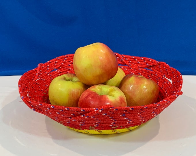 Rope Bowl-Round Multi-Colored Rope Bowl-Decorative Inside Rope Coil-Diamond Braided Poly Rope-10.5" W-10.25" L-3" D, Partial Fabric Wrap