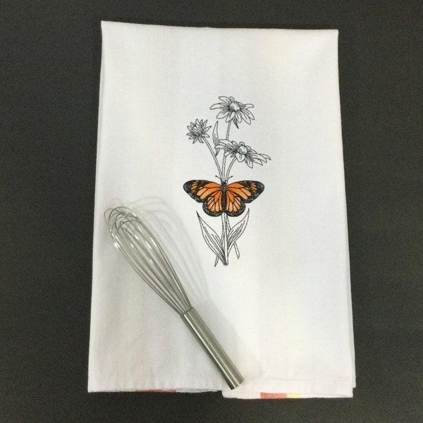 Kitchen Towel -  Butterfly - Monarch and Black-Eyed Susan, Dish Towel, Monarch Butterfly Towel, FREE SHIPPING, Back Hanging Tab