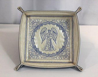 Large Angel Trapunto Design Snap Catchall Tray Snapped 6"x6" White Pearl & Navy Faux Leathers-Valet Travel Tray Lays Flat in Your Suitcase