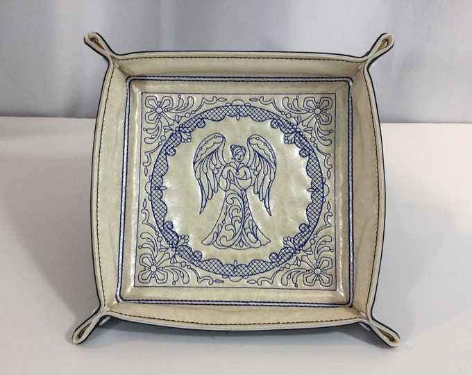 Large Angel Trapunto Design Snap Catchall Tray Snapped 6"x6" White Pearl & Navy Faux Leathers-Valet Travel Tray Lays Flat in Your Suitcase