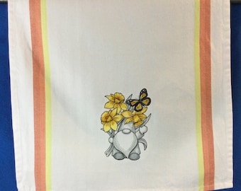Gnome Among the Daffodils Embroidered Kitchen Towel, Cotton Gnome Lover Towel, Funny Image, Gnome Dish Towel, Embroidered Gnome Hand Towel