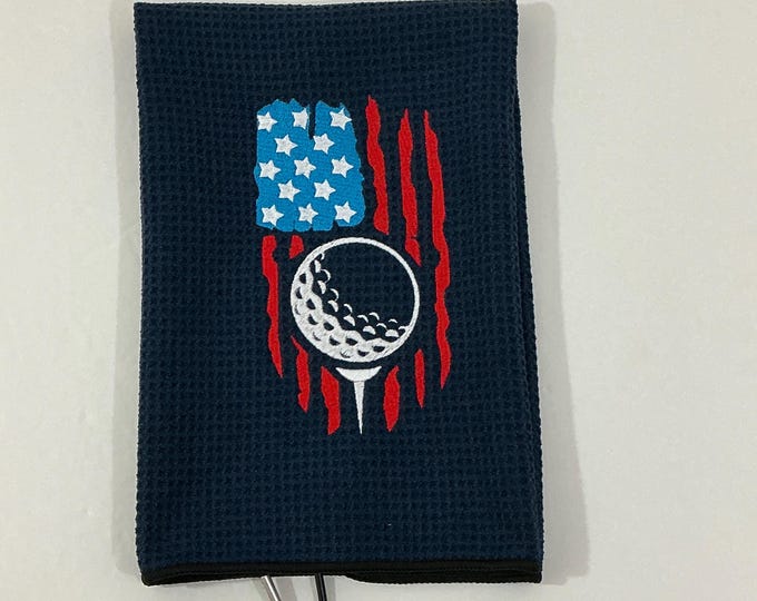 Golf Bag Towel-American Flag with Golf Ball & Tee Embroidered Towel-Navy Blue-Trifold w/Carabineer-Patriotic, Sports Towel-Golf Accessory
