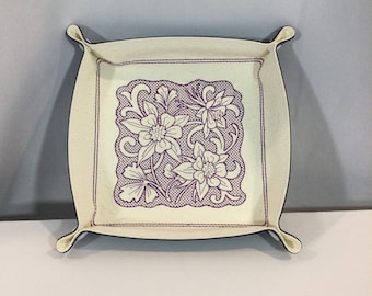 Valet Tray-Columbine Flowers Trapunto Design-Catchall Tray Snapped 6"x6" Sq XLARGE-White & Navy Faux Leathers Valet Travel Tray-Lays Flat