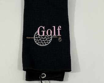 Black Golf Towel with Pink Embroidered Golf Word, Ball, and Putter-Microfiber-Tri-fold-Sports Towel-Golf Accessory-Absorbent-Fathers Day