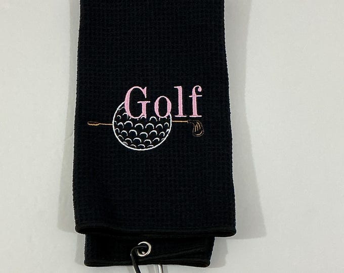 Black Golf Towel with Pink Embroidered Golf Word, Ball, and Putter-Microfiber-Tri-fold-Sports Towel-Golf Accessory-Absorbent-Fathers Day