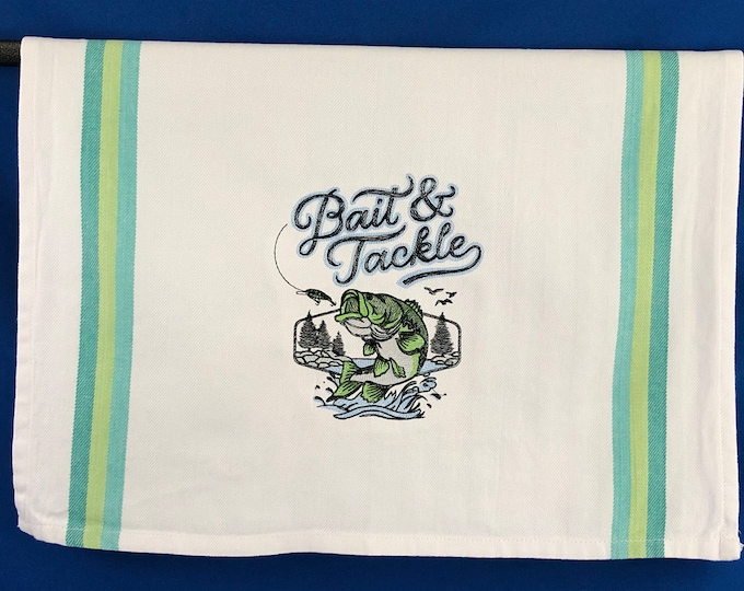 Kitchen Towel - Fishing - Bait & Tackle Embroidered Towel, 28x20 W/Back Hanging Tab, Free Shipping
