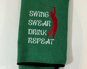Embroidered Golf Towel - 'Swing Swear Drink Repeat' Green Microfiber with Carabiner, 16x24