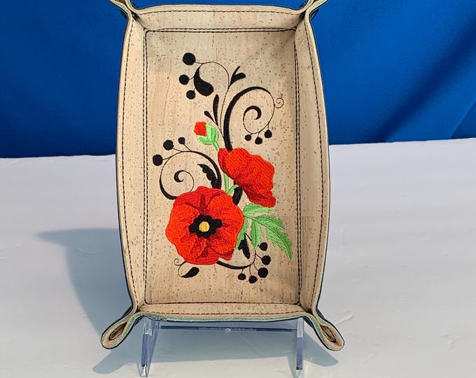 Embroidered Poppy Flower Catchall Tray, Large Travel and Desk Organizer, Handmade, Gift for Her, Jewelry Tray
