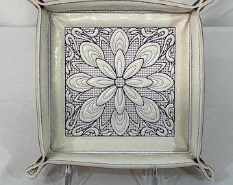 Floral Trapunto Embroidered Catchall Tray - Baroque Purple Design, Square Jewelry & Travel Organizer in Faux Leathers