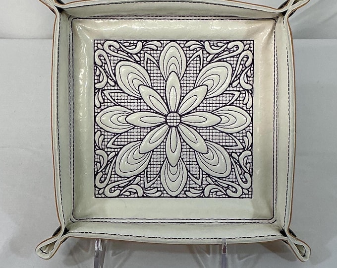 Floral Trapunto Embroidered Catchall Tray - Baroque Purple Design, Square Jewelry & Travel Organizer in Faux Leathers