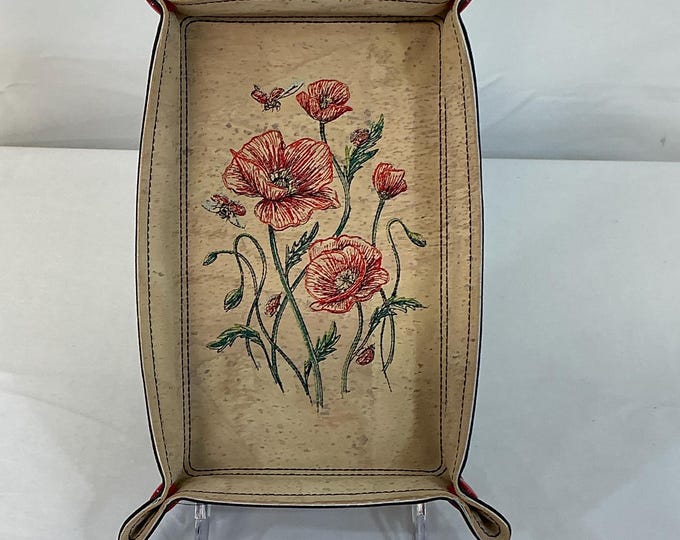 Embroidered Poppies and Ladybugs Valet Tray, Large Jewelry Organizer, Catchall Tray, Dice Tray, Ring Dish, Travel Accessories