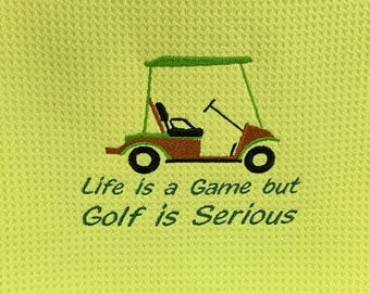 Golf Bag Towel Life is a Game but Golf Is Serious; Yellow Towel Tri-Fold Microfiber Sports Towel Carabineer-3 Metal Grommets-Golf Accessory