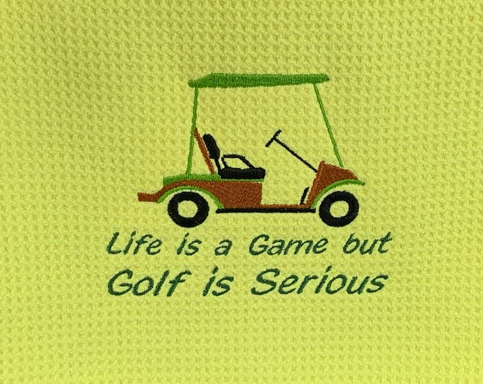 Golf Bag Towel Life is a Game but Golf Is Serious; Yellow Towel Tri-Fold Microfiber Sports Towel Carabineer-3 Metal Grommets-Golf Accessory