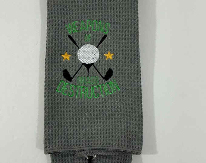 Golf Bag Towel-Weapons of Grass Destruction-Light Gray Tri-Fold Microfiber Sports Towel w/Carabineer-3 Metal Grommets-16" x 24"-Sports Towel