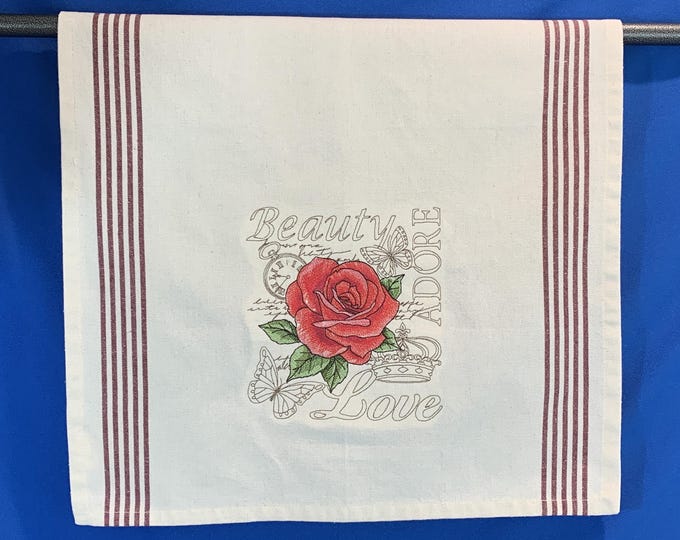 Embroidered Rose Kitchen Towel - Words of Love and Adoration on a Soft and Absorbent Cotton Dish Towel