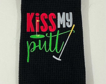 Black Golf Bag Towel-Kiss My Putt Embroidered Towel-Microfiber Waffle Pattern-Tri-fold-Gag Gift-Sports Towel-Golf Accessory-Absorbent-Golf