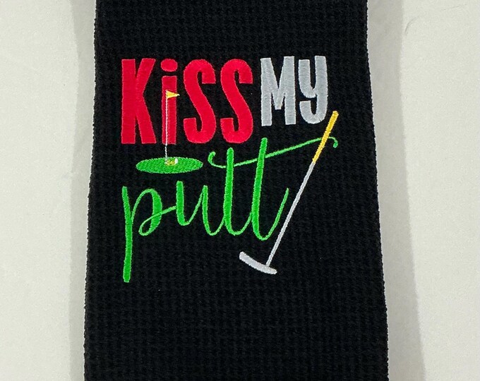 Black Golf Bag Towel-Kiss My Putt Embroidered Towel-Microfiber Waffle Pattern-Tri-fold-Gag Gift-Sports Towel-Golf Accessory-Absorbent-Golf