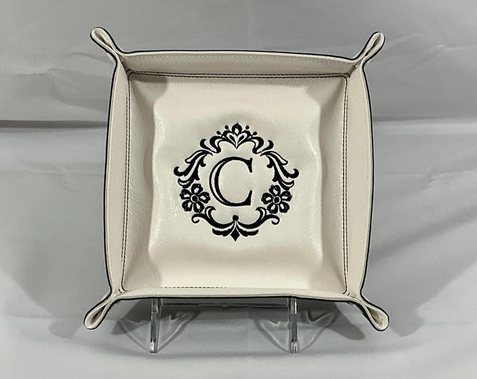 Letter C Damask Design Travel Valet Tray-Snapped 6"x6" Square Large-White and Black Faux Leathers Catchall Tray-Lays Flat