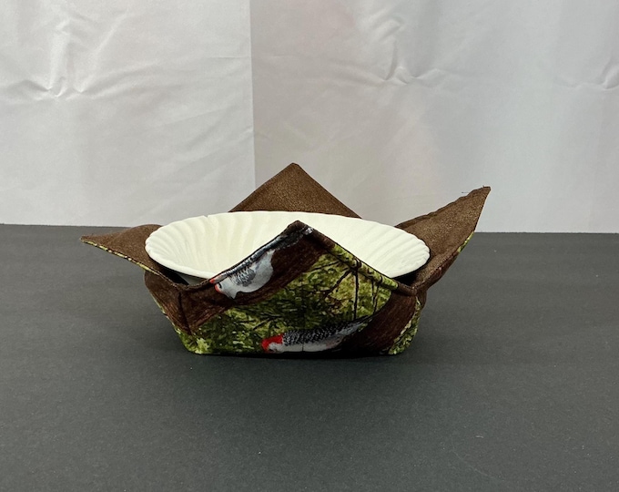 Red Headed Woodpecker Microwave Bowl Cozy: Reversible Cotton Hot Bowl Pad