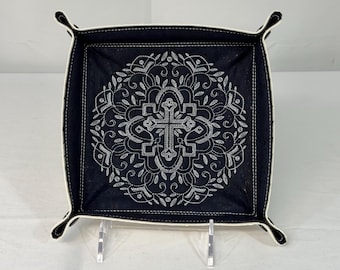 Faith-Based Large Travel Organizer with Spring Botanical Cross on Navy Portuguese Cork & Faux Leather