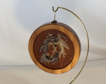 Western Style Embroidered Horse Head Ornament with Cactus and Cowboy Hat Back - Handmade Cherry Stain Wood Frame, Handmade Gift,
