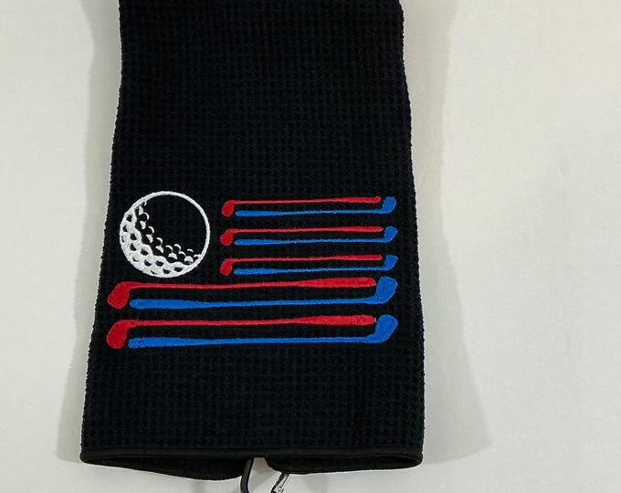 Patriotic Golf Towel - Golf Clubs USA Flag Golf Towel (Large Embroidery) on Black Tri-Fold Sports Accessory with Carabineer