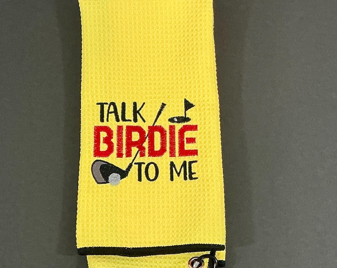 Yellow Soft Microfiber Golf Bag Towel - Talk Birdie To Me Design with Carabineer (1 Metal Grommet) - 16x24 Waffle Texture