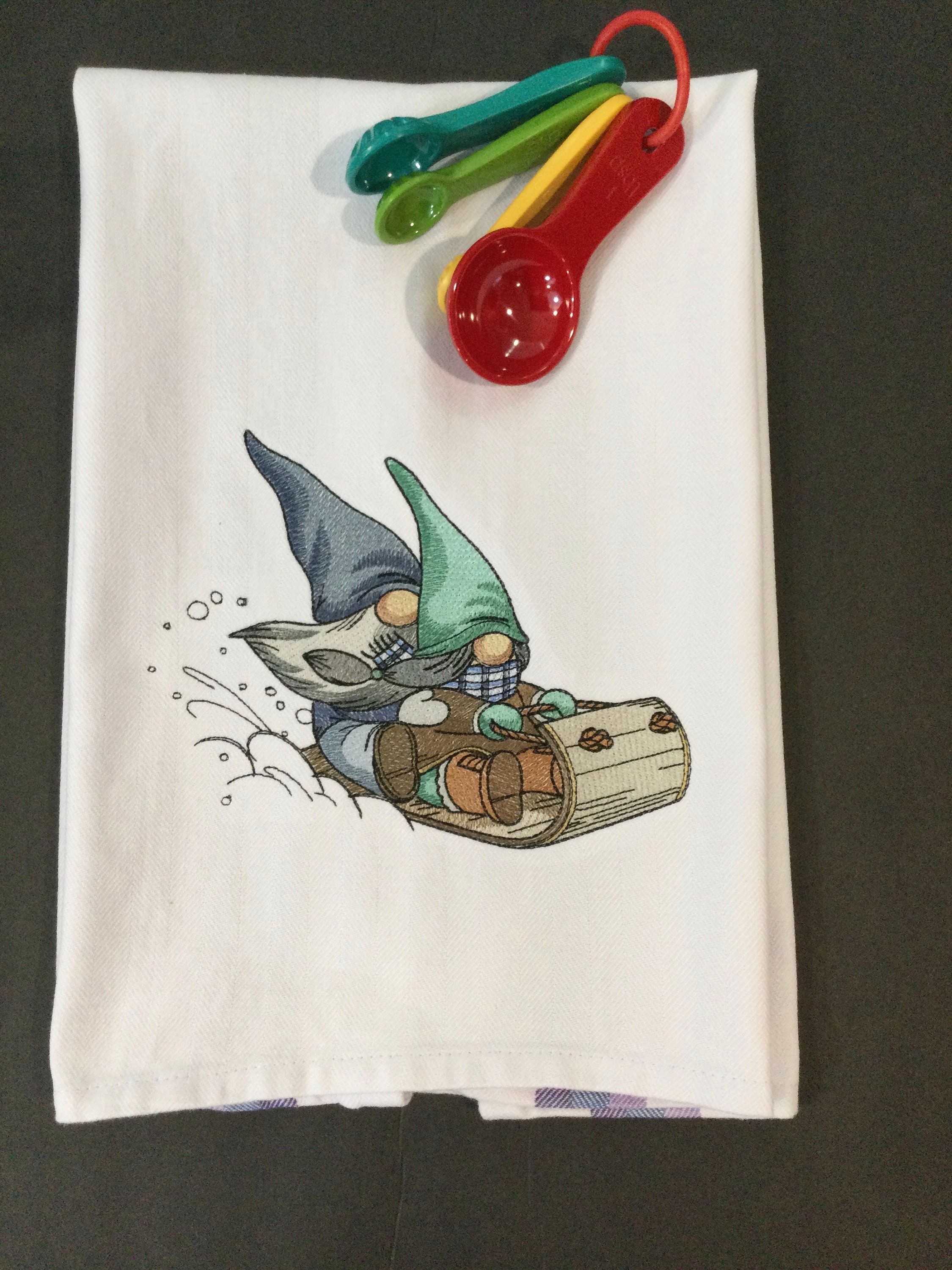 Kitchen Towel-Gnomes - Gnomes Sledding Down the Mountain, Gnome Towel-Funny  Image-100% Cotton Towel, Back Hanging Tab, Kitchen Decor