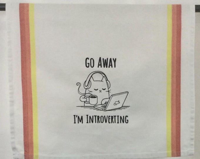 Go Away I'm Introverting Cat Embroidered Towel, Ready-to-Gift Cat Lover Towel, Cotton Eco-friendly, Funny Image & Saying, Kitchen Home Decor