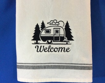 Classic Campground Welcome Kitchen Embroidered Towel-RV Lover, Welcome Dish Towel-Camper Kitchen Towel, Embroidered Gift, Home Decor