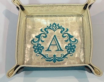 Snap Valet Tray - Letter A - Damask Embroidery-Snapped 4.5" Square-SMALL-Lays Flat-Teal Faux Leather Exterior & Crocodile Pearl Faux Leather