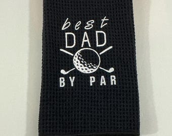 Microfiber Golf Towel for Dad - Embroidered 'best Dad By Par' design, Tri-Fold White Waffle Pattern with Carabiner, Golf Accessory