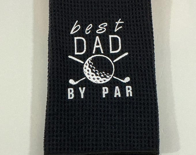 Microfiber Golf Towel for Dad - Embroidered 'best Dad By Par' design, Tri-Fold White Waffle Pattern with Carabiner, Golf Accessory