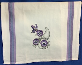 Embroidered Gnome Kitchen Towel: Pansies & Butterfly - Gift Ready