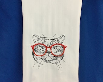 Kitchen Towel - Cat- Seeing Eye Cat on White Towel, 28” x 20”, FREE SHIPPING, Embroidered Towel, Back Hanging Tab-Cat Lover Towel-Cat Person