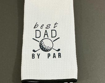 Best Dad by Par Golf Bag Towel - White Microfiber Tri-Fold with Carabineer, Golf Accessory