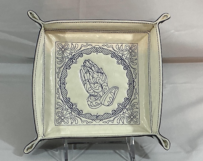 Praying Hands Trapunto Valet Tray - Crocodile White & Navy Faux Leather Fabrics Travel Catchall, 6x6 inch