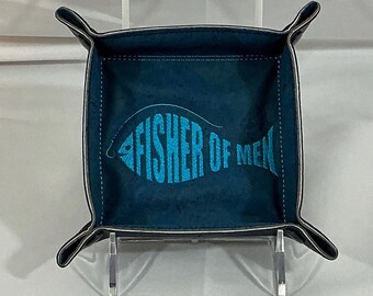 Embroidered Small Fisher of Men Catchall Tray: Navy Blue Portuguese Cork & Navy Blue Faux Leather Religious Travel Organizer