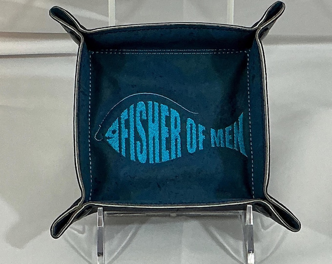 Embroidered Small Fisher of Men Catchall Tray: Navy Blue Portuguese Cork & Navy Blue Faux Leather Religious Travel Organizer